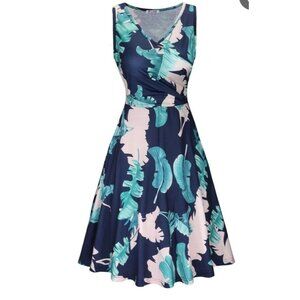Womens Tropical Print Sleeveless Wrap Dress With Flowy Skirt Size XL Casual Chic